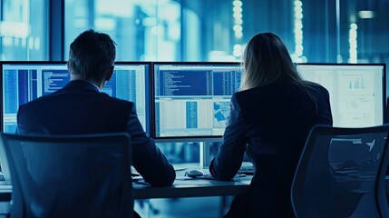 Business team analyzing data streams in a modern office trading environment