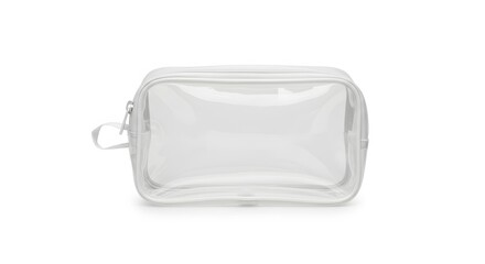 AI image displays an empty, transparent plastic toiletries bag with white trim and zipper, isolated clearly on a plain white background.