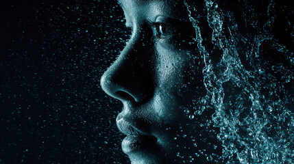 close up profile of person face with water splashing around, creating dramatic and artistic effect. image captures beauty