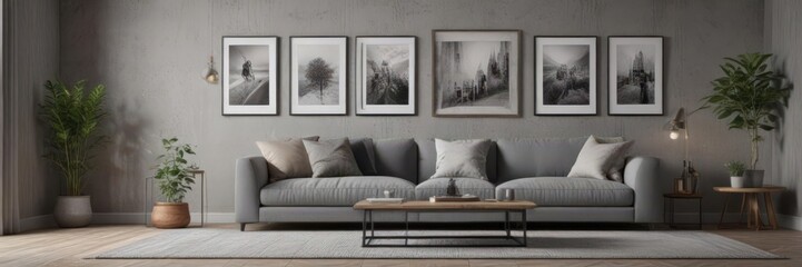 Stylish living room, grey sofa, poster gallery, textured pillows,  aesthetic,  decor