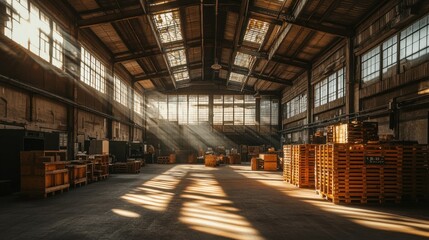 A spacious industrial warehouse illuminated by natural light from above