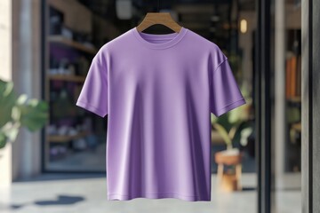 Lavender short sleeve T-shirt on wooden hanger in bright modern interior with stylish decor and natural light reflection