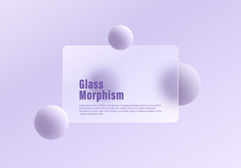 Website landing page template in glass morphism style. Presentation screen with glass overlay effect on floating gradient lavender colored spheres. Frosted glass effect on lavender colored background.