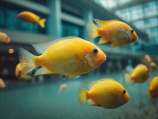 Fototapeta premium Colorful yellow fish swimming gracefully in an aquarium with a blurred background showcasing aquatic life and serene environment concept