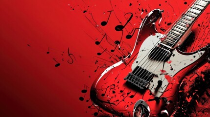 Red electric guitar, music notes, splash background; music poster