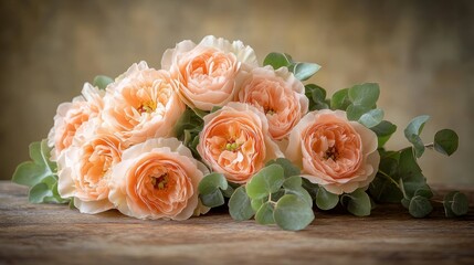 Obraz premium Peachy bouquet of roses and eucalyptus on rustic wood