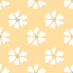 Vector repeat pattern with white flowers on a yellow background. Hand-drawn style.