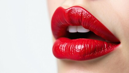 Obraz premium Close-up of perfectly shaped red lips against a stark white backdrop, elegant, red, white background