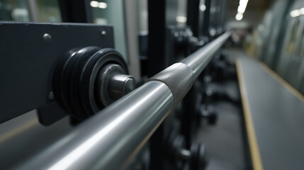 Fototapeta premium close up view of weightlifting barbell showcasing its metallic surface and grip texture, emphasizing strength and fitness gym environment. image captures essence of workout equipment
