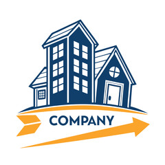 Three navy blue houses over arrow banner with word COMPANY on white background