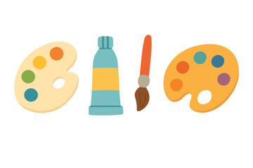 Cute flat vector set with paint palettes, brush, and tube. Colorful clipart for creative design.
