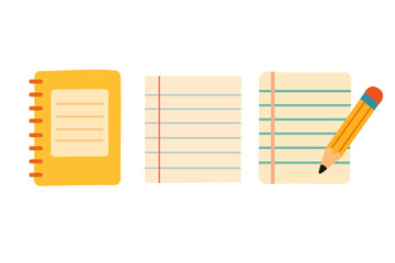Flat vector set of notebook, ruled paper sheets and pencil. Cartoon illustration for school and education design.