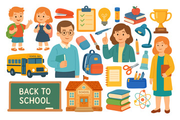 Large cartoon school set with kids, teachers, supplies, books, bus, chalkboard, and building. Flat vector illustration.