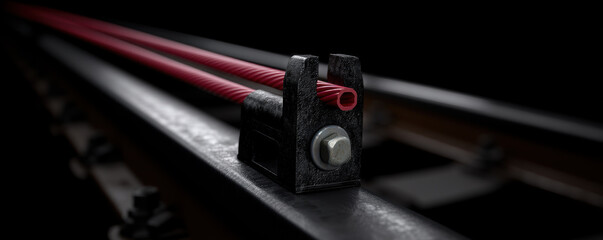 close up view of cable system component, featuring metallic holder securing red wire on rail. image conveys sense of precision and engineering in dark environment