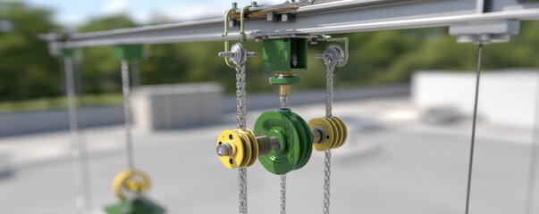 Detailed view of counterweight system featuring pulleys, chains, and green and yellow color scheme, showcasing industrial design and functionality in construction setting