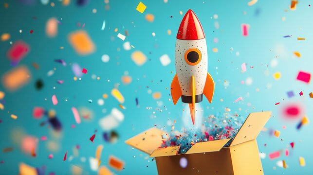 Toy rocket launching from cardboard box amidst confetti, symbolizing success, optimism, new beginnings, dreams.