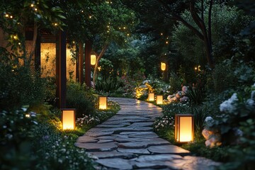 Obraz premium peaceful garden with a stone pathway and glowing lanterns at night