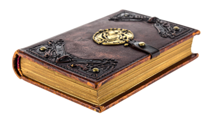 miniature spell book with aged leather cover, isolated on transparent background