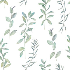 Naklejka premium Watercolor seamless pattern. Organic herbal print with eucalyptus branches. Greenery hand drawn illustration on white background.