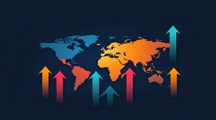 World map shows upward arrows indicating growth, success, financial improvement, and market achievement.