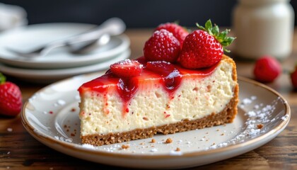Strawberry and raspberry cheesecake slice, gourmet dessert with fresh fruit toppings
