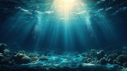 Fototapeta premium Ocean's Mystical Depths: Sunbeams Illuminating Coral Reef