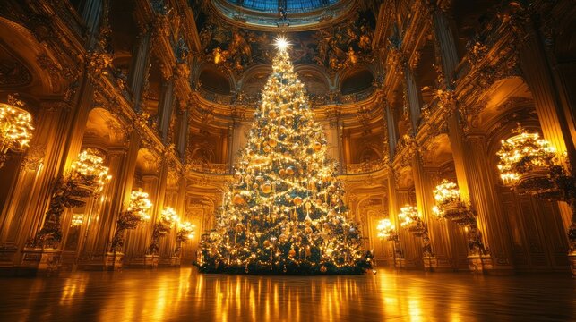 Christmas tree shines brilliantly in ballroom, ornaments sparkle, inviting warm feeling and holiday cheer.