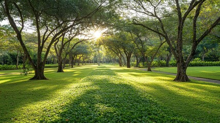 Obraz premium A beautiful park landscape bathed in warm sunlight looks lovely