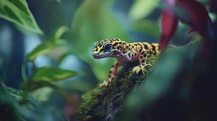 Fototapeta premium Leopard gecko posing on moss, jungle foliage background, pet reptile