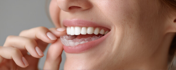 Obraz premium person is smiling while removing clear dental retainer from their mouth, showcasing bright, healthy teeth. expression conveys confidence and satisfaction with dental care