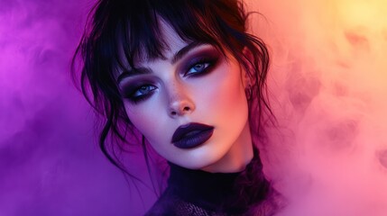 European woman poses, showcasing makeup, beauty, style with smoky eye shadow, lipstick against purple background.
