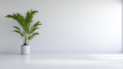 Obraz premium A lush green plant in a white pot standing against a minimalist white wall, bright natural light illuminating the space, and indoor decor concept.