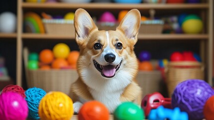 Happy corgi puppy plays with toys in playroom