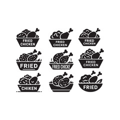 Bold Black Fried Chicken Vector Icon Isolated BUNDLE