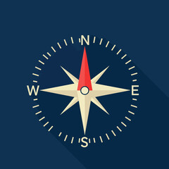 Compass rose navigation symbol with red north pointer on dark blue background vector illustration 