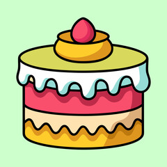 Cartoon illustration of a delicious layered cake with icing and topping