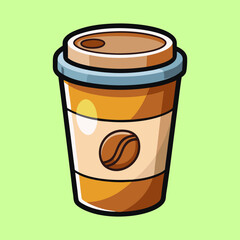 Stylized cartoon coffee cup with a green background, hot beverage.