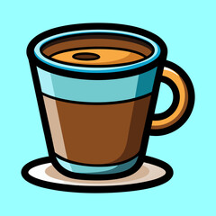 Stylized coffee cup with thick outlines and colorful fill on saucer