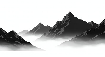 Fototapeta premium Ethereal Mountain Range in Mist * Dramatic Black and White Mountainscape * Misty Peaks and Valleys Silhouette * Atmospheric Mountain Panorama in Fog * Serene Monochrome Mountain Vista Perfect Prom