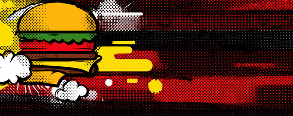 vibrant pop art illustration of hamburger with layers, floating midair against bold, colorful background. design features dynamic lines and playful aesthetic, evoking sense of fun and creativity