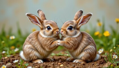 Identical cute bunnies playing and squeezing each other, joyful moment, background image photo