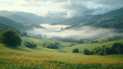 Obraz premium Serene morning landscape featuring lush green hills, golden wildflowers, and a blanket of fog enveloping the valley