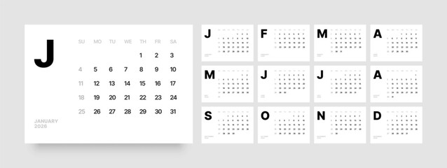 Monthly calendar layout for 2026 year. Diary planner for 2026 year. Week Starts on Sunday. 
