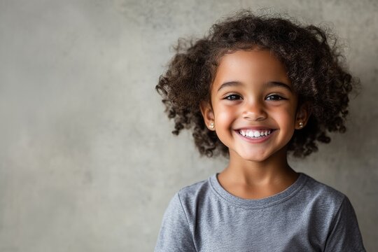 Litle smiling brunette girl with curly hair looking at camera standing isolated over grey background.