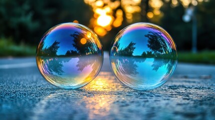 Two transparent bubbles reflecting a scenic view outdoors at sunset