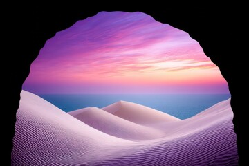 Desert dunes viewed cave opening at colorful sunset