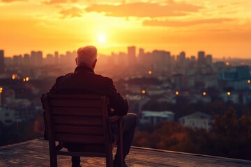 Obraz premium Silhouette of a man sitting on a chair, enjoying a serene sunset over a cityscape.