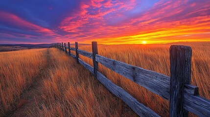 Rustic Fence Line Through Golden Field Under Fiery Sunset Sky