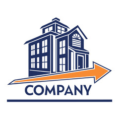 Fototapeta premium Building Silhouette on Arrow, Company Logo, Corporate Identity, Blue, Orange Symbol
