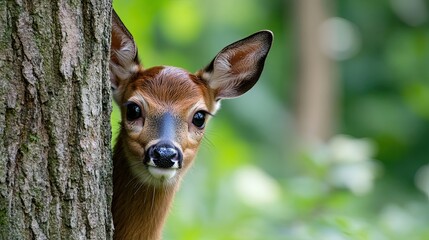 A baby deer curiously peeking out from behind a tree in the forest, with its big eyes full of wonder. 